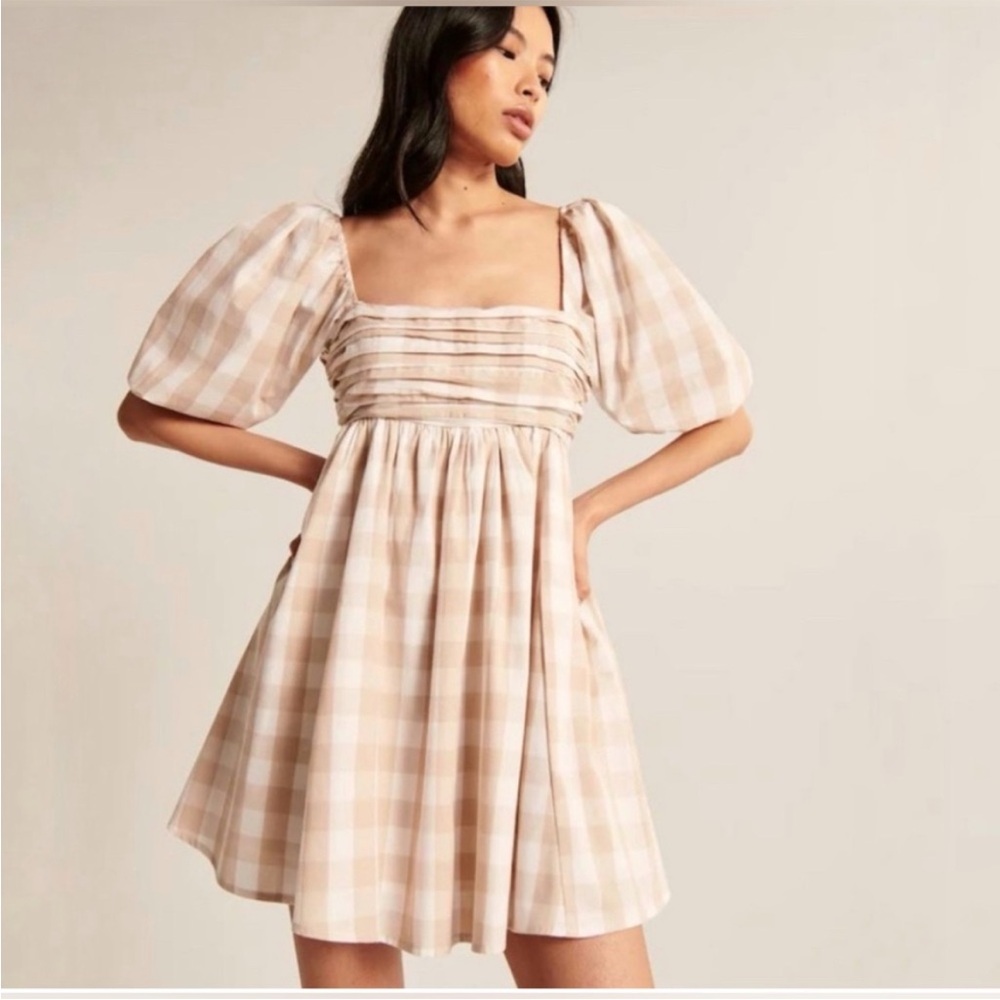 Square Neck Puff Sleeve Gingham Mini Dress in Tan